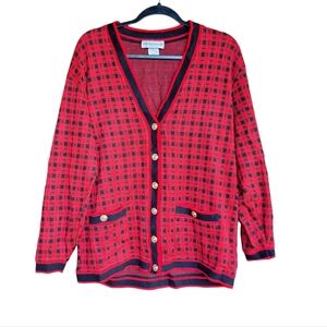 Vtg 90s Button up cardigan sweater Plaid Medium holiday Christmas party